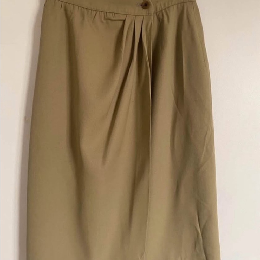 Vintage Tan Pleated Pencil Midi Skirt for Work